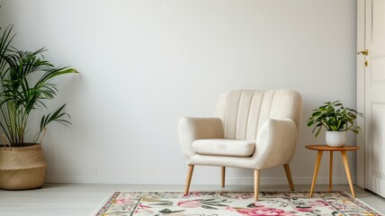 A serene living room featuring a rattan chair with cream cushions, natural decor, and lush green plants