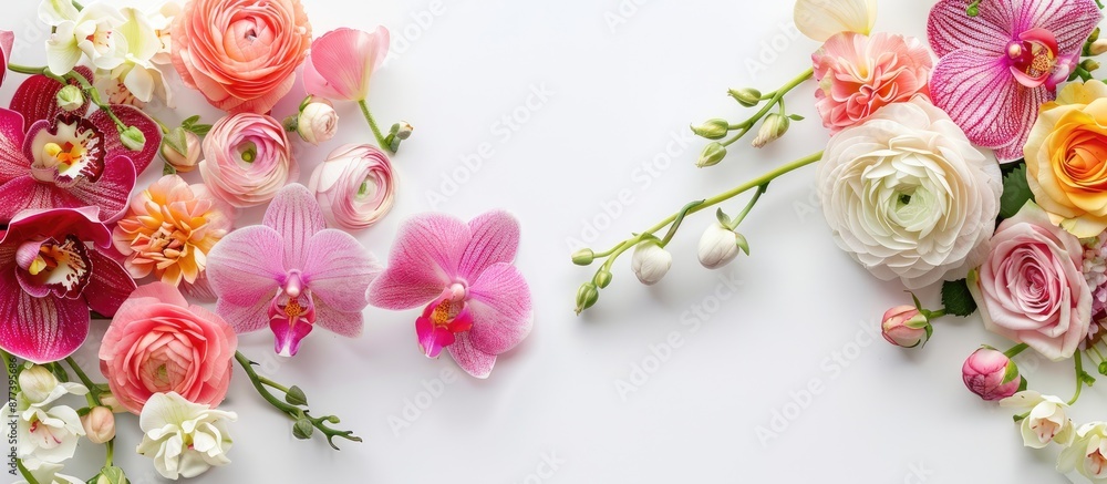 Poster flat lay top view of a floral arrangement with roses orchids and ranunculus flowers forming a frame 