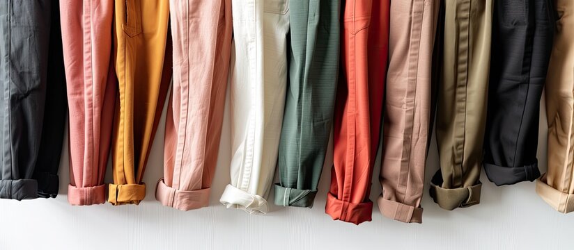 A collection of women s trousers on a blank white backdrop for displaying clothing items with space for text shot from above in a detailed view Perfect for fashion related themes. Copy space image