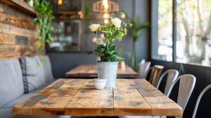 A modern industrial dining area featuring a reclaimed wood table with leather chairs, exposed brick walls, and pendant lighting. The space includes an open kitchen with sleek natural decor elements
