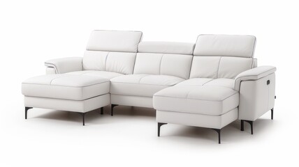 A minimalist living room featuring a white sofa with plush cushions, a sleek side table