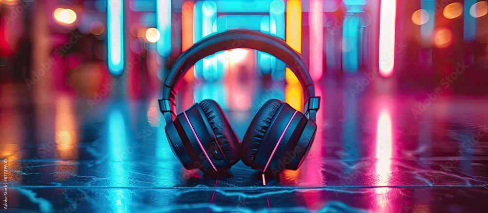 Poster a black wireless headphone in a retro 90s style setting with neon lights showcasing a sleek design a