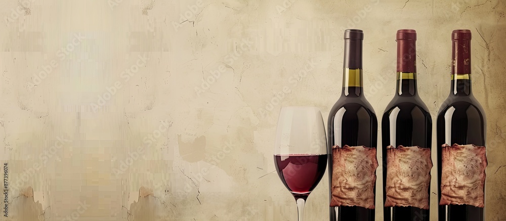 Poster red wine bottles and glasses with vintage paper labels featuring ample copy space for customization