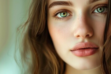 Fototapeta premium Beautiful young woman with green eyes, long brown hair, and freckles is posing for a beauty portrait