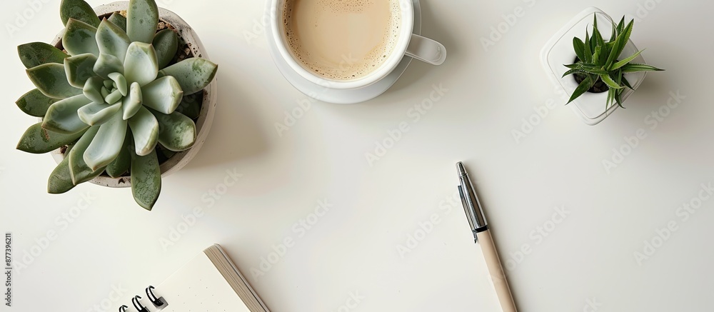 Aufkleber a charming ensemble featuring a cup of coffee alongside a notepad pen and a succulent in a pot all a