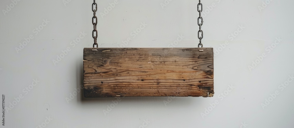 Poster wooden signboard suspended from a metal chain against a white backdrop providing a space for adding 