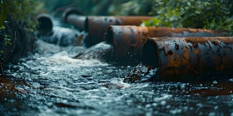 Metal pipes releasing waste water into rivers The harmful impact of industrial pollution. Concept Water contamination, Industrial waste, Environmental impact, Pollution prevention, River health