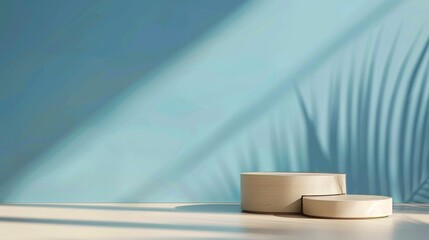 Two Round Podiums on Light Sand Floor with Light Blue Background for Product Presentation
