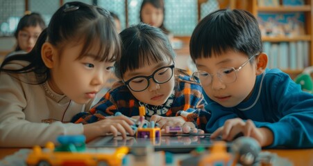 Children collaborating and learning with tablet in classroom