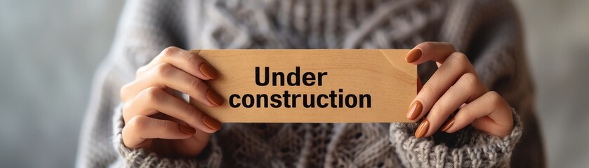 Close-up of hands holding a wooden sign with 'Under Construction' text, wearing a cozy sweater in a blurred background.