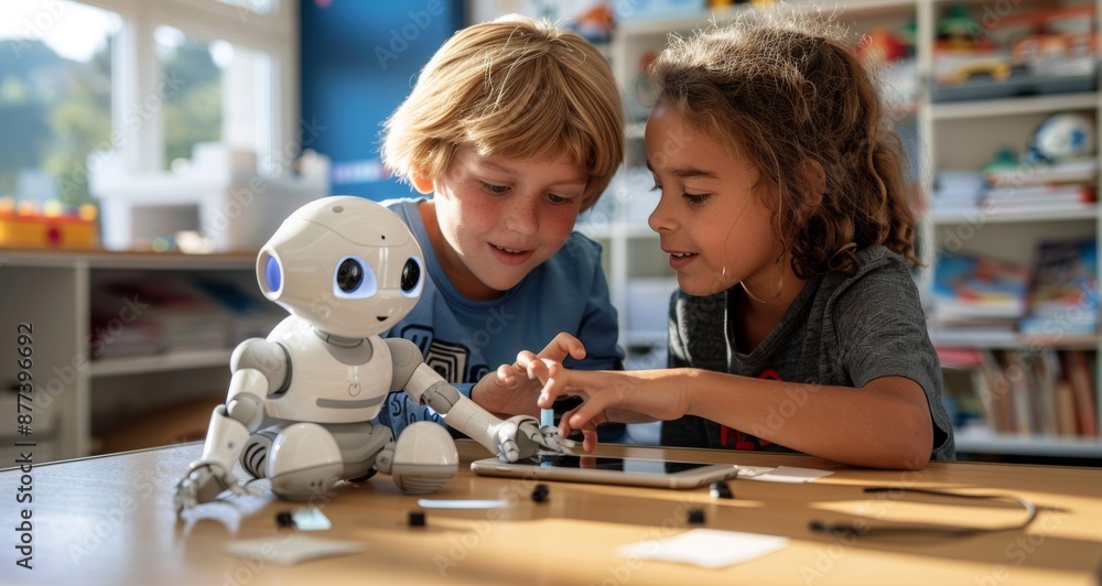 Aufkleber children interacting with a robot and tablet in a classroom setting, exploring education technology 