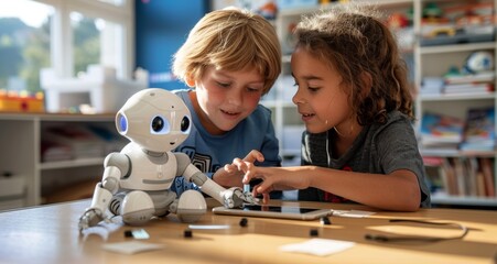 Children interacting with a robot and tablet in a classroom setting, exploring education technology and teamwork