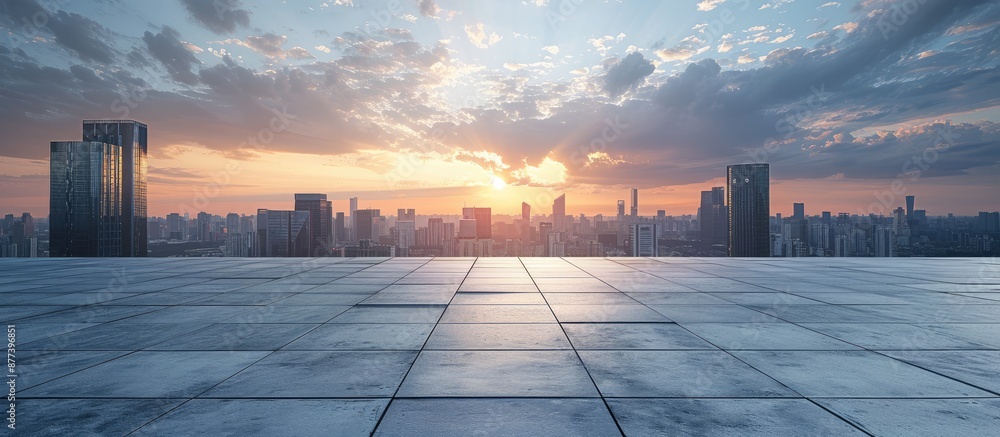 Poster empty concrete square floor with a panoramic skyline and buildings ideal for a copy space image
