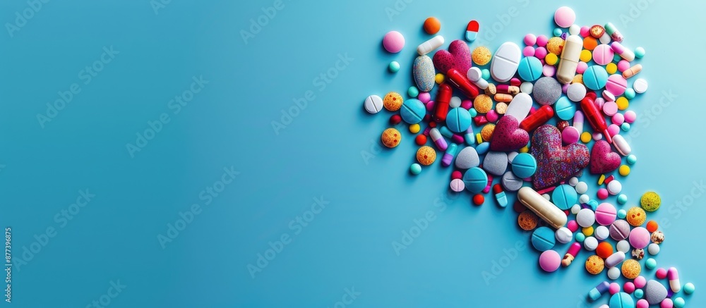 Poster various multicolored pills capsules and tablets shaped like a heart on a blue background with room f