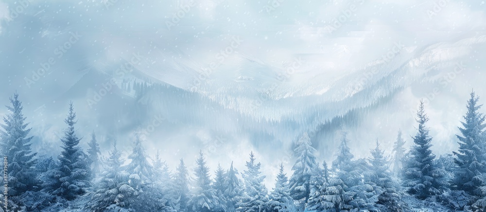 Poster snow covered pine trees with a wintry background of cold and snowy mountains perfect for a copy spac