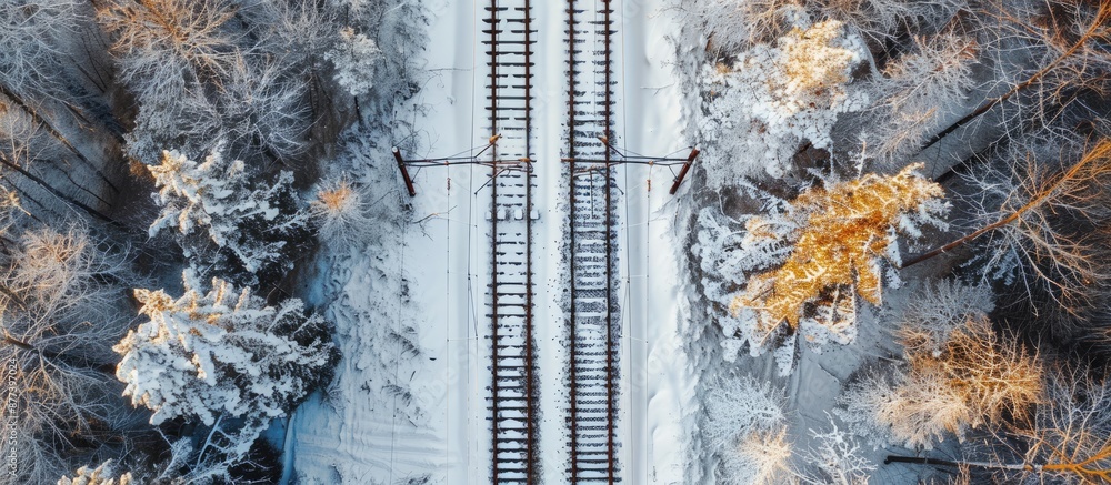 Poster top view of a snowy railway track in winter creating a winter background with room for a copy space 