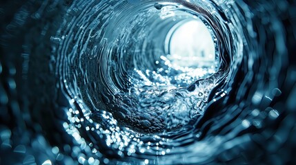 Water flowing from pipe to water source. Technology for clean drinking water and industrial use. Abstract background. Water flow from well to pipe.
