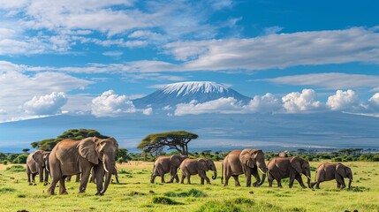 Fototapeta premium Elephants walking across the vast and open African savanna.