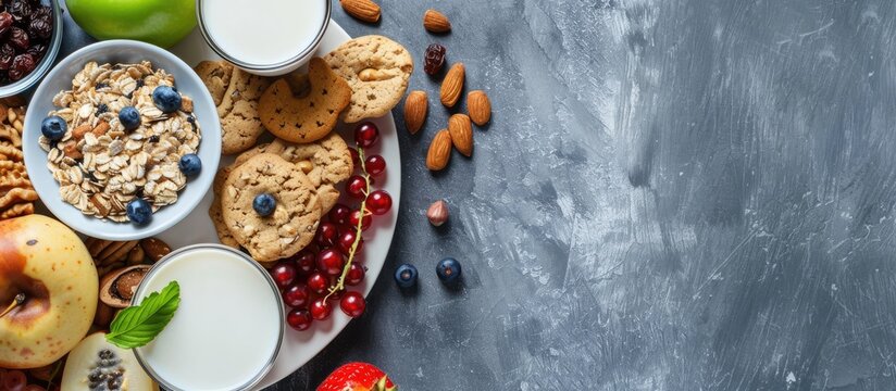 Assorted healthy foods like milk cookies oatmeal fruit raisins and nuts beautifully arranged on a plate with copy space image
