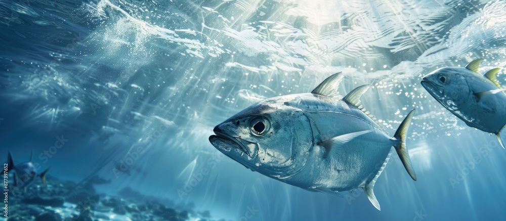 Poster group of jack fish swims in the ocean creating a mesmerizing underwater scene with plenty of copy sp