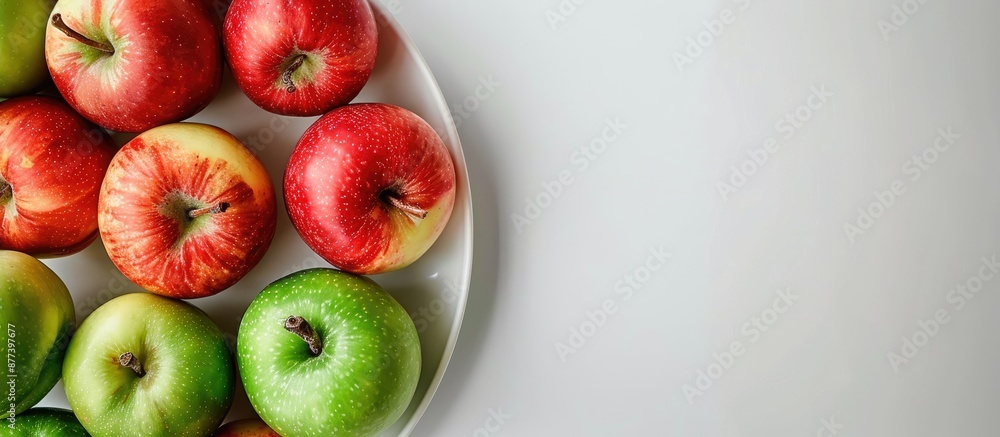 Poster focus on red and green apples arranged attractively on a plate against a clean white backdrop with e