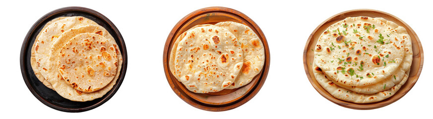Three different types of flatbreads are shown in a wooden bowl, isolated on transparent background