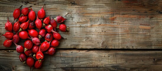 Rose hips cut into a flower shape displayed on a vintage wooden board with ample copy space image