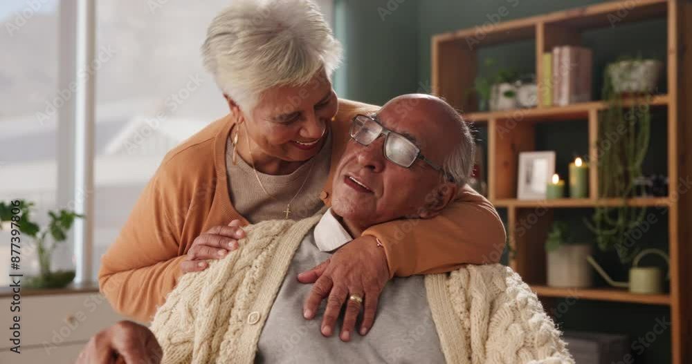 Poster Senior couple, relax and hug in house with love in retirement for marriage, happy and relationship. Elderly people, embrace and smile on sofa in living room with care, support and trust for bonding