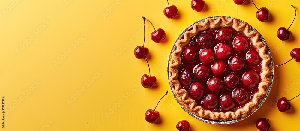 Poster a tempting cherry pie seen from above rests on a yellow backdrop with a clear area for adding text o