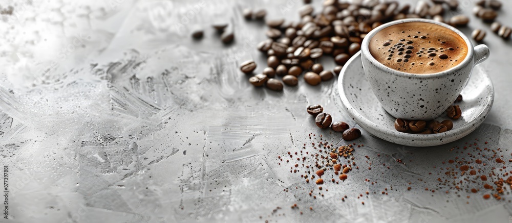 Poster concrete table with a coffee cup beans and copy space image in the background