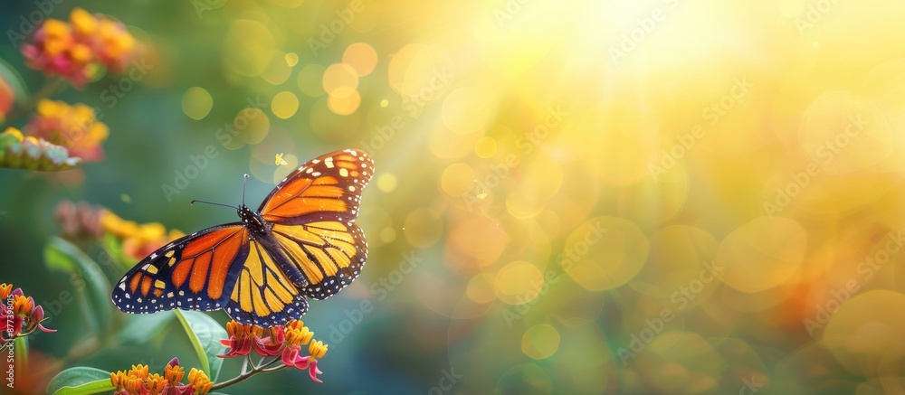 Poster macro image of a monarch butterfly perched on a flower with a blurred yellow sunny background and am