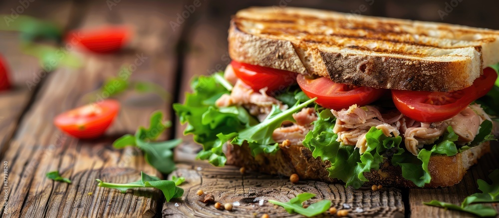 Poster tasty tuna sandwich with tomatoes and lettuce displayed on a wooden table perfect for adding text in