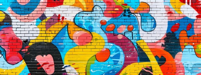 Bright and energetic graffiti on a smooth brick wall background, filled with playful shapes. 