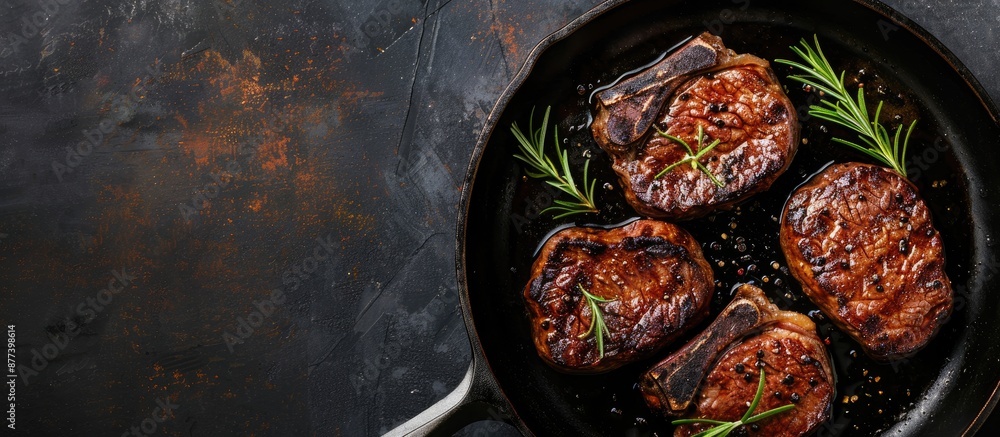 Poster top view of steaks sizzling on a pan with copy space image