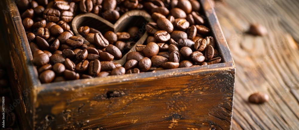 Poster a wooden container filled with roasted coffee beans displaying a heart shape includes copy space ima