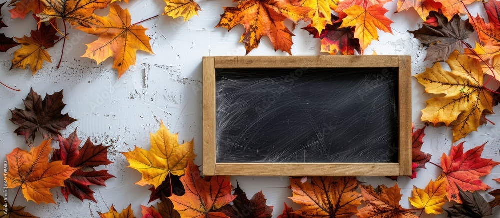 Poster Isolated on a white backdrop an empty square school board stands surrounded by vibrant autumn maple leaves providing ample copy space image