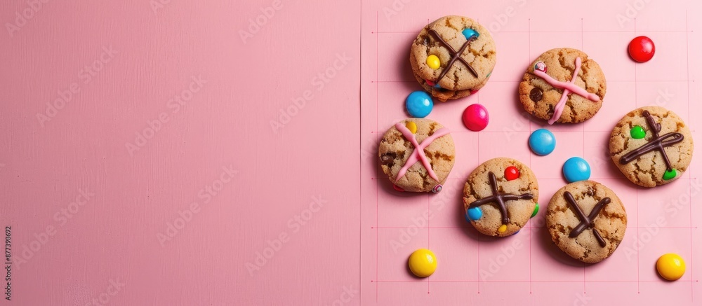 Aufkleber cookie and candy tic tac toe game set up on a pink background with copy space image