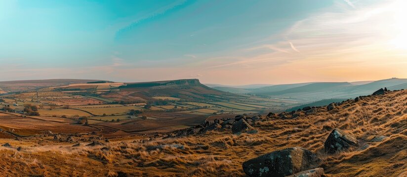 Observing Baslow Edge in the Peak District with a view of the landscape and a clear sky with copy space image