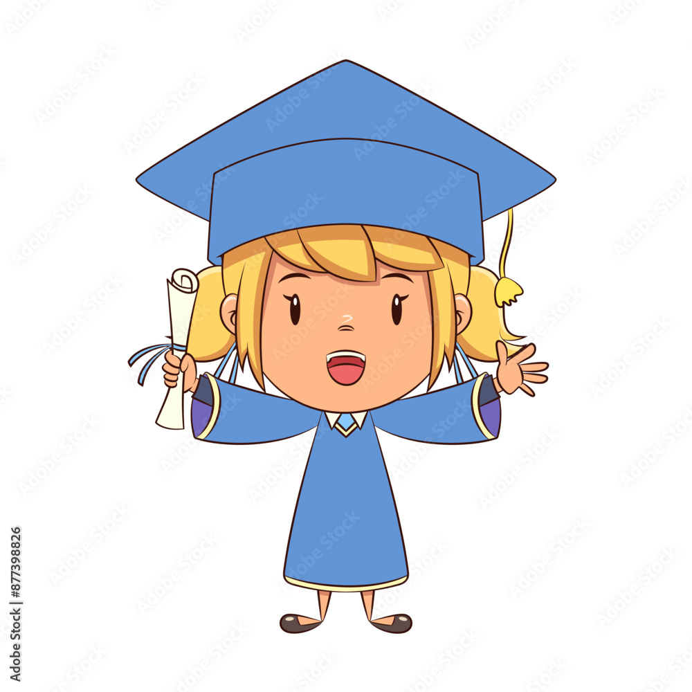 Sticker graduate girl, holding diploma, graduation, happy, cute, child