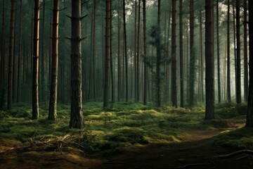 Serene path winds through a misty forest with sunbeams peering through the tall pines