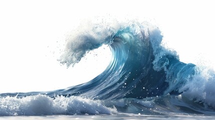 Clear blue ocean wave water splashing, simple, 3D, daylight, white background, isolated, viewed from below.