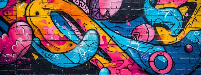 Fototapeta premium Dynamic graffiti with urban themes on a cinder block wall background, using bright colors. 