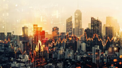 Financial Crisis: Collapsing City Skyline and Falling Stock Prices Double Exposure