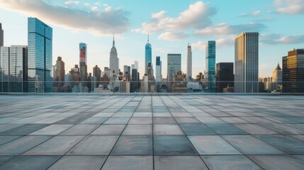 Empty Square Floor and City Skyline with Building Background
