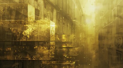 Eroding Wealth: Gold Bars Dissolving Into Abandoned Buildings - Double Exposure Vintage Image with Timeless Appeal