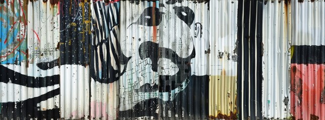 Street art featuring bold designs on a corrugated metal wall background, with a mix of textures. 