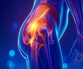 Medical illustration of gluteal muscles with hip joint highlighting anatomy and potential pain areas
