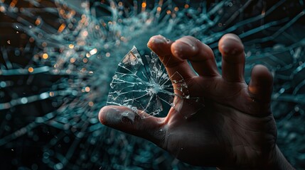 Fototapeta premium Painful Injury: Closeup of Worker's Hand Cut by Broken Glass on Dark Background - Realistic Scene of Accident