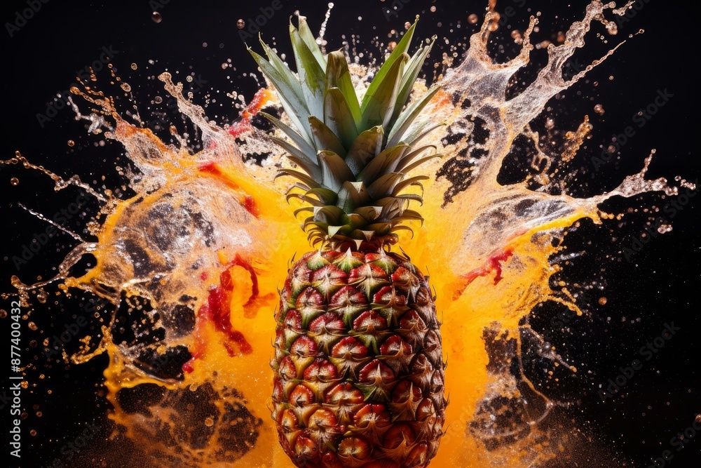 Poster dynamic image capturing a pineapple with a colorful juice splash against a black background