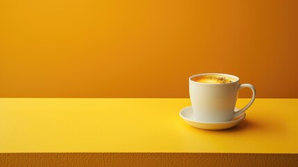 Obraz premium Coffee cup on table with yellow backdrop and room for text